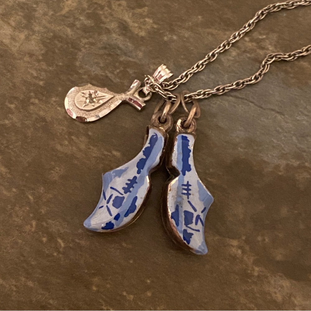 🌸 Vintage celestial Sterling silver enamel Dutch Shoes Clogs pendant necklace
